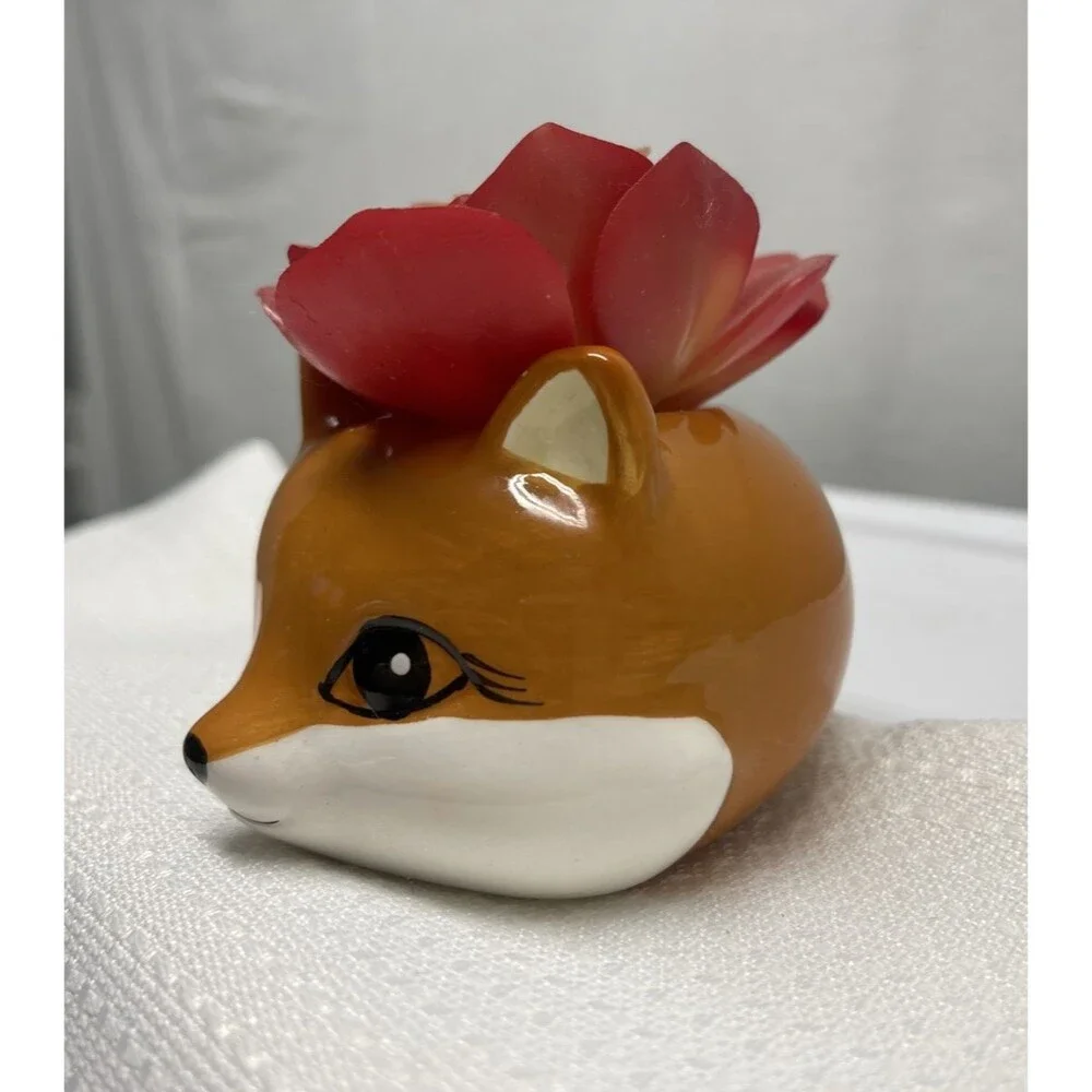 Fox Head Faux Succulent Plant Figural Small Ceramic Vase Home Decor 3.5